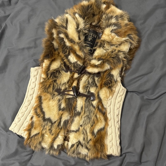 Guess Jackets & Blazers - Guess Brown and Cream Faux Fur Vest